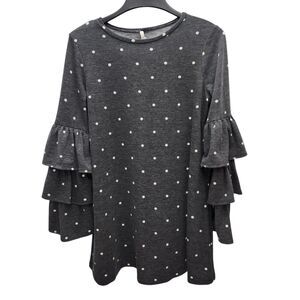 My Story Mini Dress Tunic Womens Medium Gray Polka Dot 3 Tiered Ruffle Sleeves